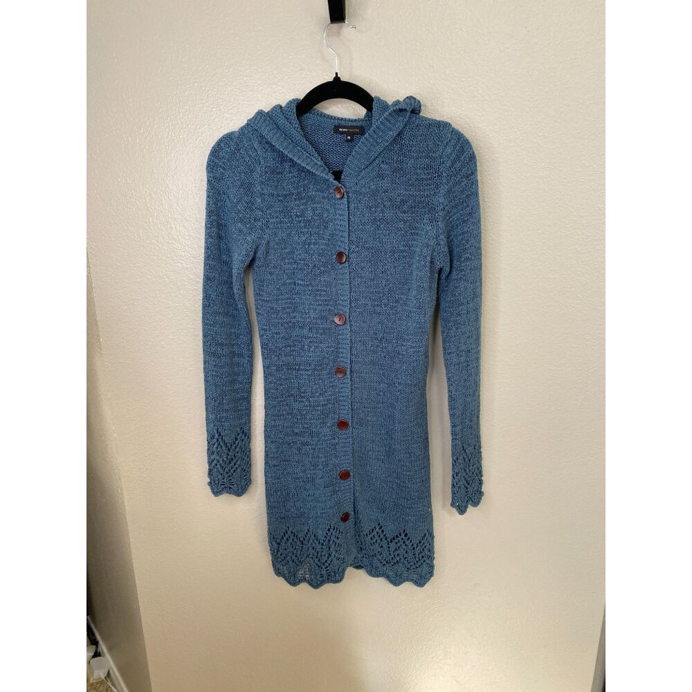 BCBGMAXAZRIA Womens Blue Hooded Knit Cardigan With Button-Up Closure‎ Medium
